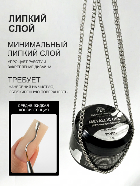 Гель-краска METALLIC GEL, зеркальный эффект, Global Fashion, SILVER, 5 гр.