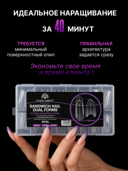 Верхние сэндвич-формы для наращивания ногтей Global Fashion "Oval" 15 размеров, 180 шт, овал