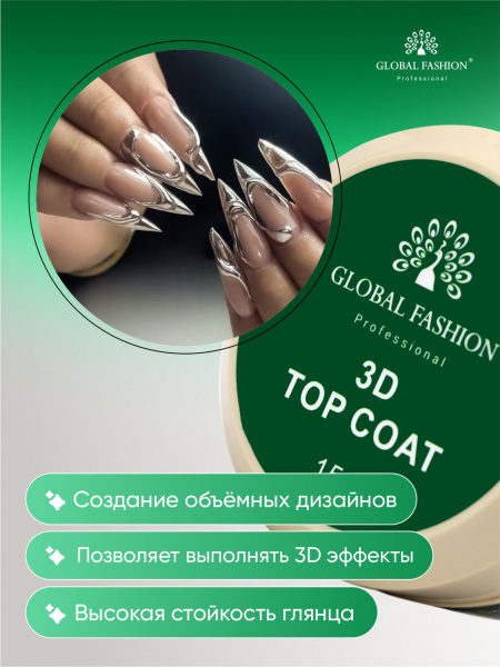 Топ для ногтей, густой,  для объемных дизайнов, 3D, Global Fashion, 15 гр