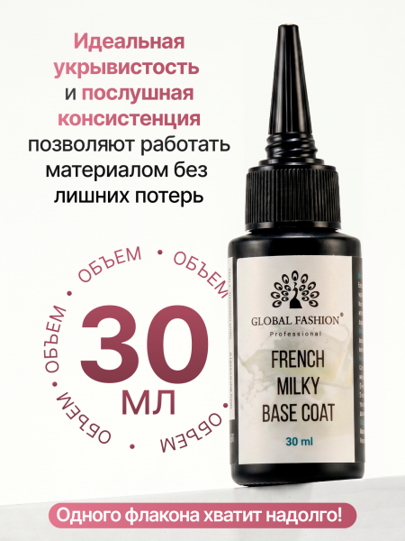 French Milky Base Coat, Молочная каучуковая френч база Global Fashion 30 мл