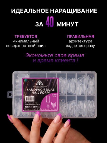 Верхние сэндвич-формы для наращивания ногтей Global Fashion "Short Oval" 15 размеров, 240 шт, короткий овал